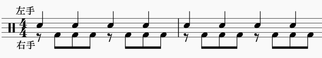 ドラム左右の独立、左手で4分音符・右手でパターン5