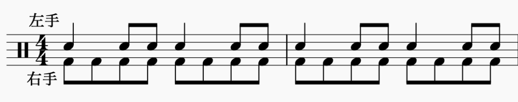 ドラム左右の独立、右手で8分音符・左手でパターン3