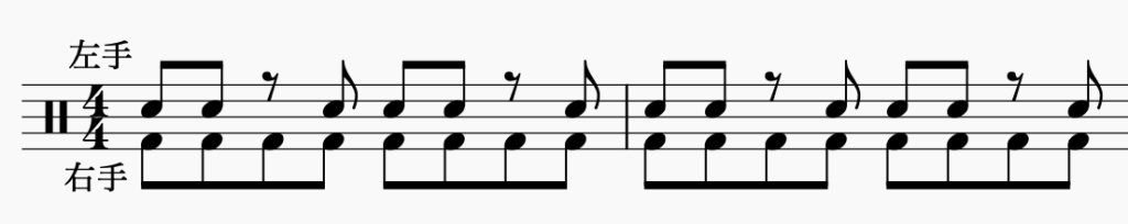 ドラム左右の独立、右手で8分音符・左手でパターン4