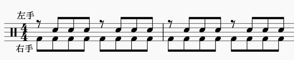 ドラム左右の独立、右手で8分音符・左手でパターン5