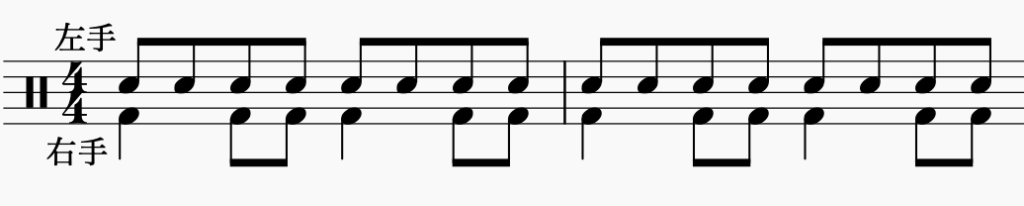 ドラム左右の独立、左手で8分音符・右手でパターン3