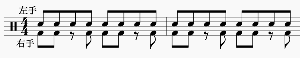 ドラム左右の独立、左手で8分音符・右手でパターン4