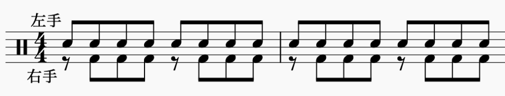 ドラム左右の独立、左手で8分音符・右手でパターン5